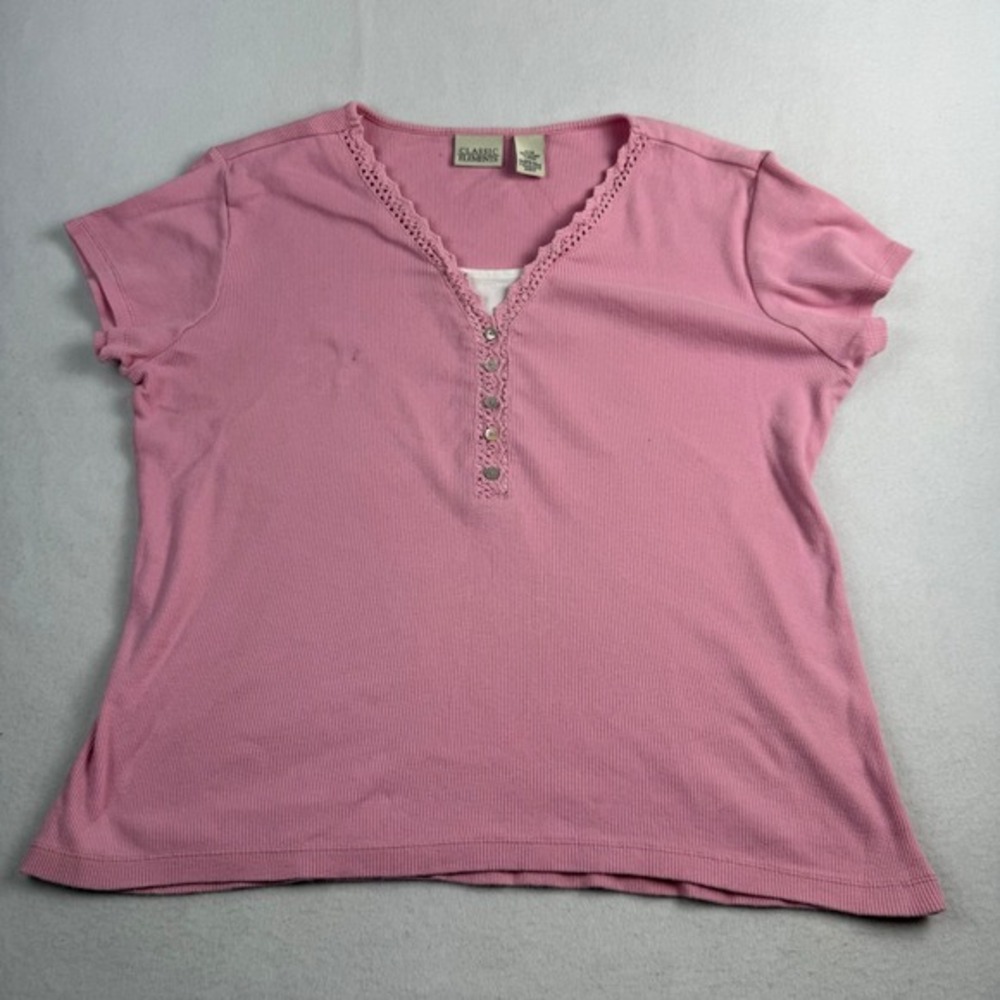 Classic Elements Pink Ribbed‎ Cotton Crochet Trim Short Sleeve Top Size M